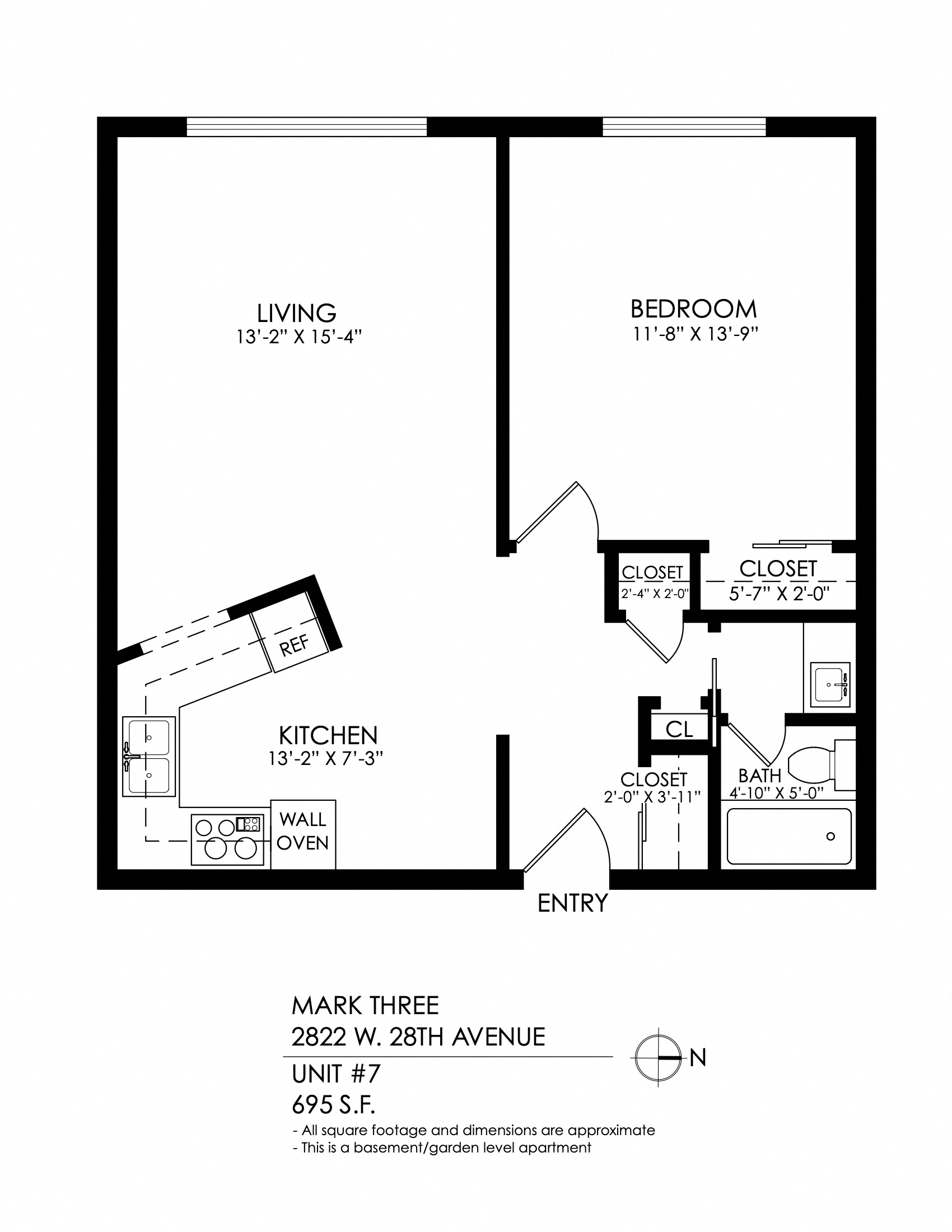 Floor plan for 1 bed, 1 bath, 695 sqft